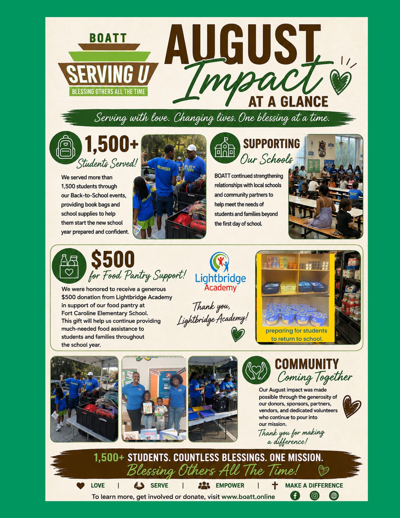 B.O.A.T.T. August 2026 Impact, Page 2 — At a Glance: 1,500+ students served, $500 food pantry donation, community coming together