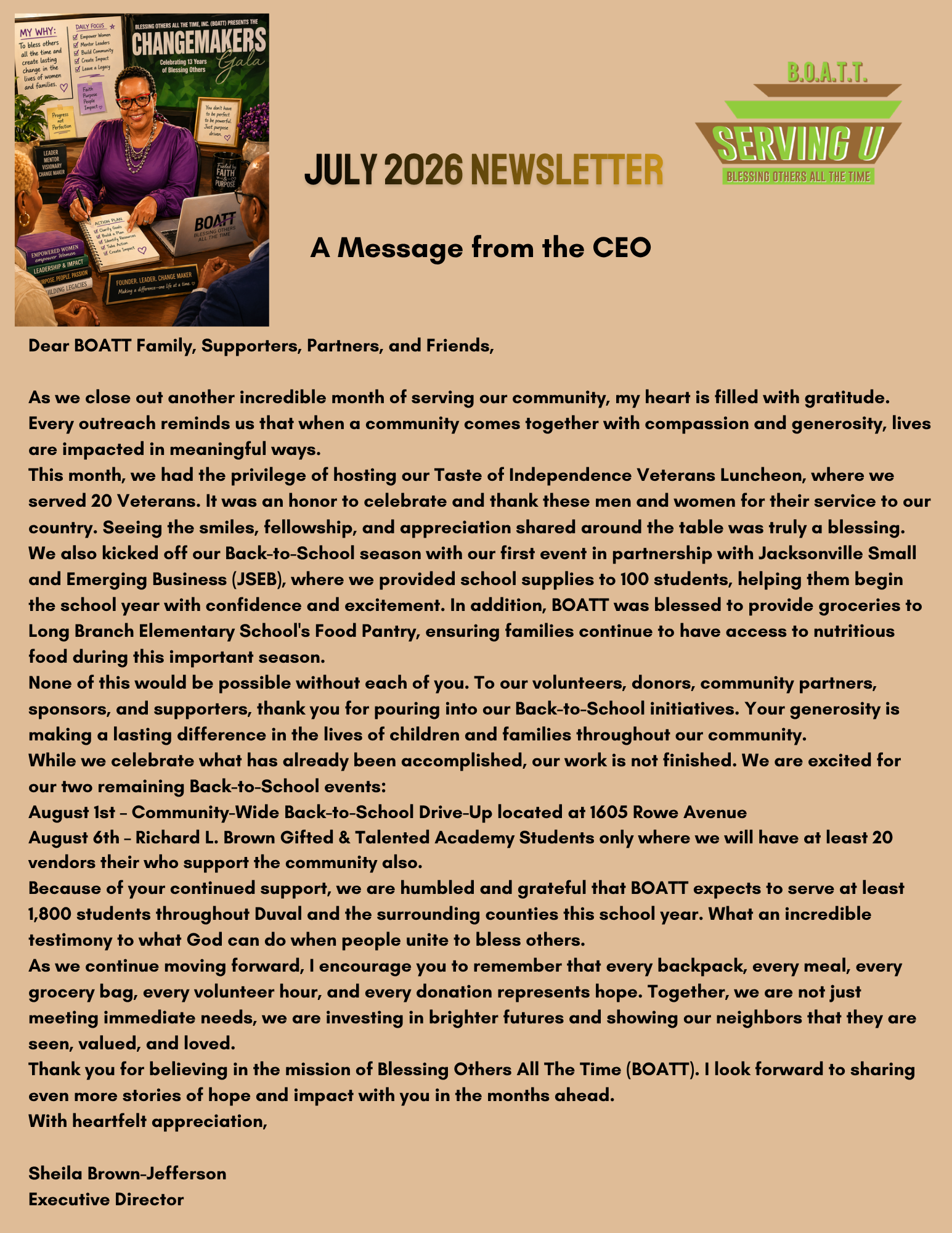 B.O.A.T.T. July 2026 Newsletter, Page 1 — A Message from the CEO, Sheila Brown-Jefferson