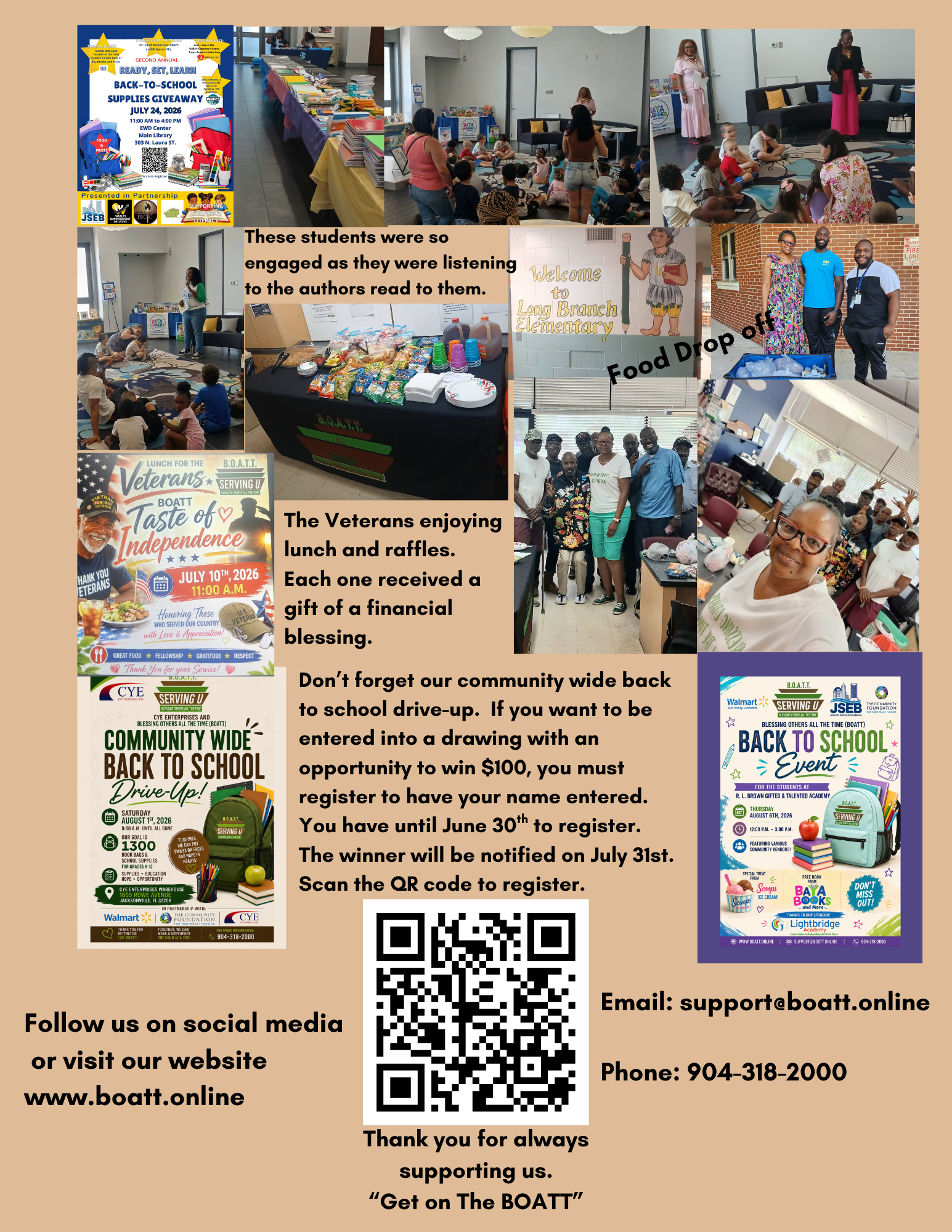 B.O.A.T.T. July 2026 Newsletter, Page 2 — Taste of Independence Veterans Luncheon, Back-to-School events, and Long Branch Elementary food pantry drop-off